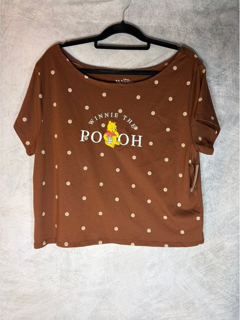 Disney Winnie the Pooh Women’s XL 16-18 Brown Polka Dot Off Shoulder Shirt NWT